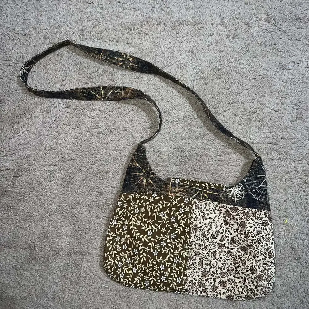 Handmade Quilted Fabric Handbag Purse Brown Beige Tan Boho Hippie